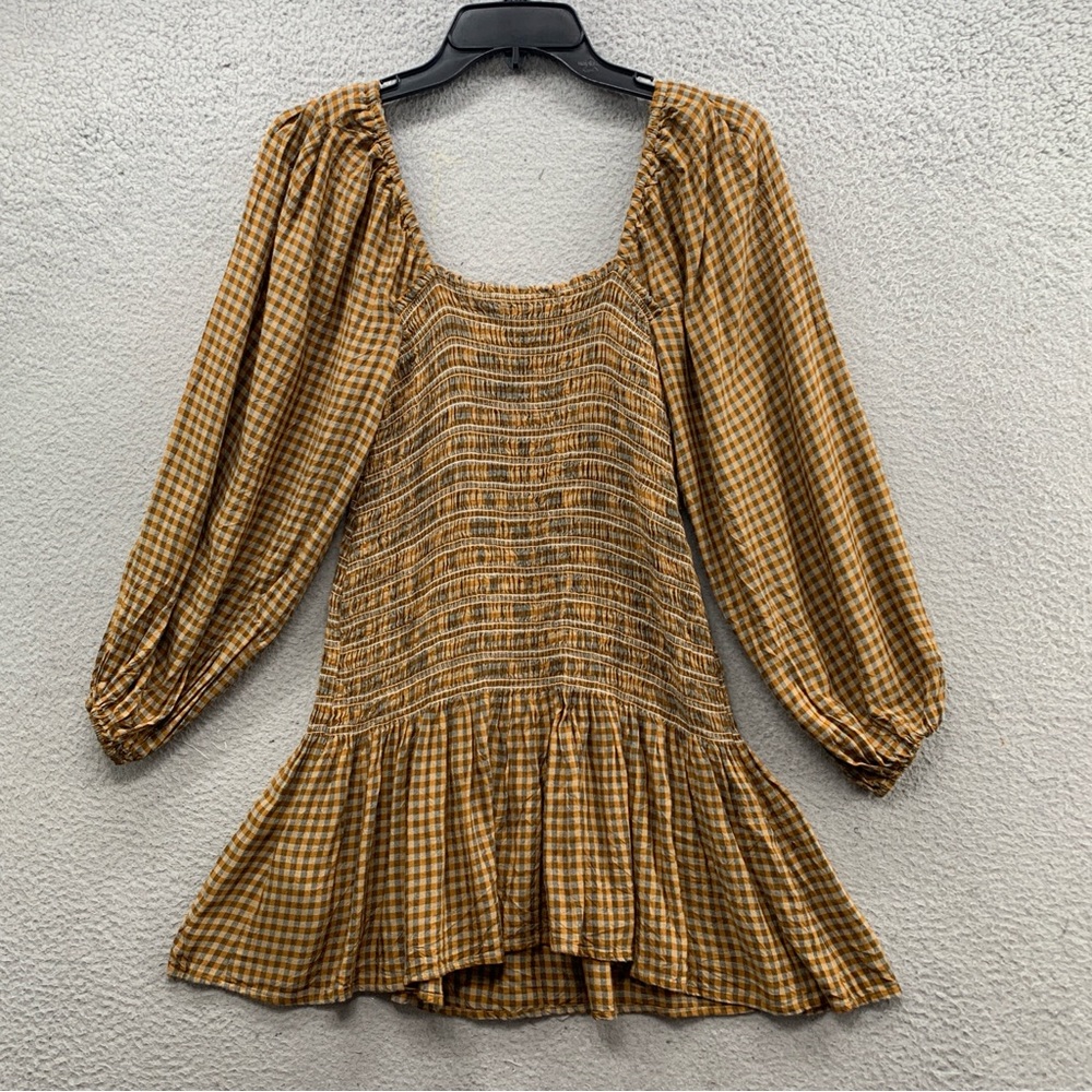 Urban Outfitters Francis Smocked Puff Sleeve Mini Dress Yellow Brown Women’s S - Picture 8 of 11
